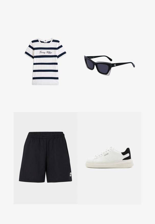 Kokvilnas T-krekls ar horizontālām tumši zilām svītrām uz balta fona. "Tommy Hilfiger" izšūts skriptā uz krūšu daļas. Cauruma apkakle.; Melni šorti ar elasticā jostu, izgatavoti no mīkstas auduma. Ietver mazu baltu "HUGO" logo apakšējā kreisajā pusē.; Baltas ādas sporta apavi ar biezu balto zoli, melna zamša uzpura un izspiestais logotips sānos. Šņorējuma dizains ar sešiem acu caurumiem.; Melni pārmēru saulesbrilles ar ģeometrisku formu, kas aprīkotas ar tumšiem stikliem un kontrastējošu pelēku akcentu uz rāmja. Logo uz kājas.