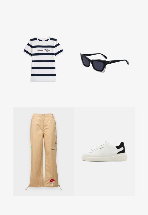 Katoenen T-shirt met horizontale marineblauwe strepen op een witte achtergrond. "Tommy Hilfiger" geborduurd in cursieve letters op de borst. Ronde hals.; Beige cargobroek gemaakt van een gladde stof, met een geborduurd paddenstoel- en palmbladmotief, verstelbare zoom en zijzakken.; Witte leren sneakers met een dikke witte zool, zwarte suède hielaccent en een geperst logo op de zijkant. Vetersluiting met zes oogjes.; Zwarte oversized zonnebril met een geometrische vorm, voorzien van donkere glazen en een contrasterend grijs detail op het montuur. Logo op de arm.