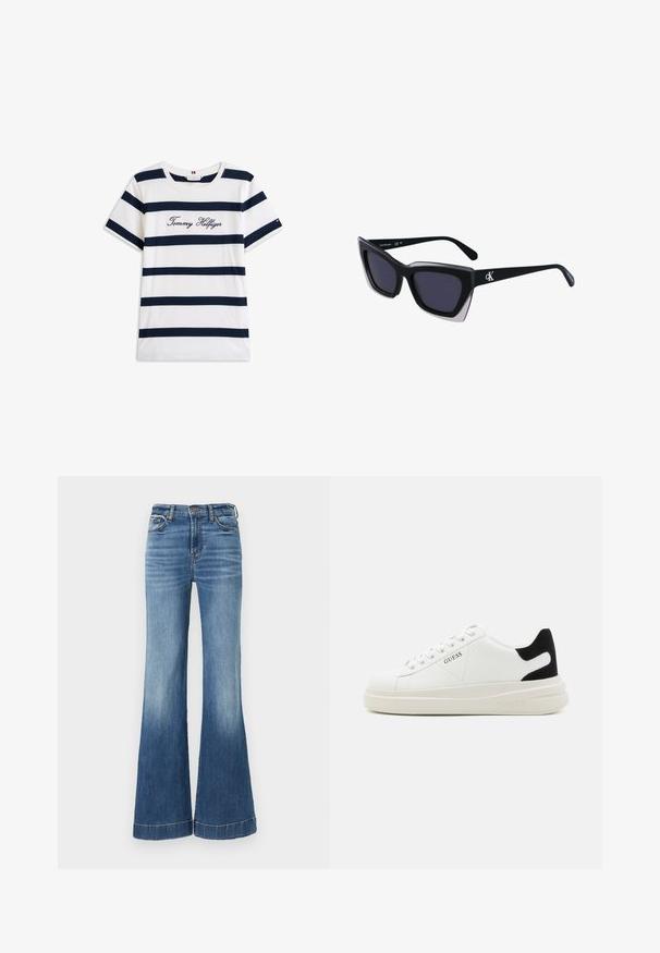 Puuvillane T-särk horisontaalsete tumesiniste triipudega valgel taustal. Rinnal on kiri "Tommy Hilfiger" kantud kursiivis. Ümmargune kaelus.; Sinine denim stofist kitsenev teksad kõrge vöökoht, mis on allpool heledama tuhmumisega ja tikitud äärtega. Klassikaline viie taskuga disain.; Valged nahast tennisetossud paksu valge tallaga, musta sametist kontsakeeuga ja külje peal riigilogo reljeefne kujundus. Lukkeskeem kuue silmaauguga.; Mustad suured mustad prillid geomeetrilise kujuga, tumedate läätsedega ja kontrastse halli detailiga raamidel. Logo käe peal.
