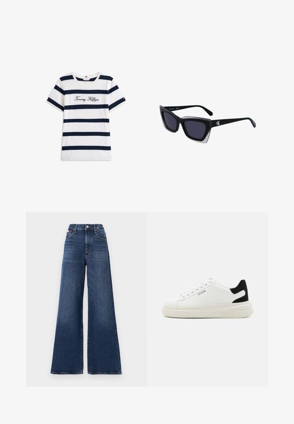Koftet laget av bomull har horisontale marineblå striper på hvit bakgrunn. "Tommy Hilfiger" brodert i kursiv på brystet. Rund hals.; Høyt midjer, vide jeans laget av mørkeblå denim, med knappelukking, fem lommer og subtil falming på lårene.; Hvite lær sneakers med tykk hvit såle, svart semsket hælforsterkning og preget logo på siden. Snøresystem med seks hull.; Store svarte solbriller i overdimensjonert størrelse med geometrisk form, med mørke linser og en kontrasterende grå detalj på rammen. Logo på armen.