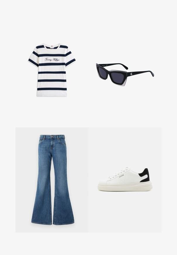 Camiseta de algodón con rayas horizontales azul marino sobre un fondo blanco. "Tommy Hilfiger" bordado en cursiva en el pecho. Escote de tipo crew.; Jeans de denim acampanados en un lavado azul medio con un diseño clásico de cinco bolsillos, pasadores para cinturón y cierre de botón. Textura suave con un leve desvanecimiento.; Zapatillas blancas de cuero con una suela blanca gruesa, acento en el talón de ante negro y logo grabado en el lateral. Diseño de cordones con seis ojales.; Gafas de sol negras de gran tamaño con una forma geométrica, que presentan lentes oscuros y un detalle gris contrastante en la montura. Logo en la pata.