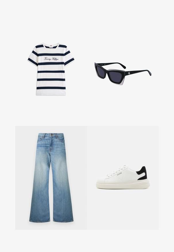 Cotton T-shirt with horizontal navy stripes on a white background. "Tommy Hilfiger" embroidered in cursive on the chest. Crew neckline.; Light blue wide-leg jeans made of denim, featuring a standard zip fly, five pockets, and a faded finish with subtle whiskering details.; White leather sneakers with a thick white sole, black suede heel accent, and embossed logo on the side. Laced design with six eyelets.; Black oversized sunglasses with a geometric shape, featuring dark lenses and a contrasting grey detail on the frame. Logo on the arm.