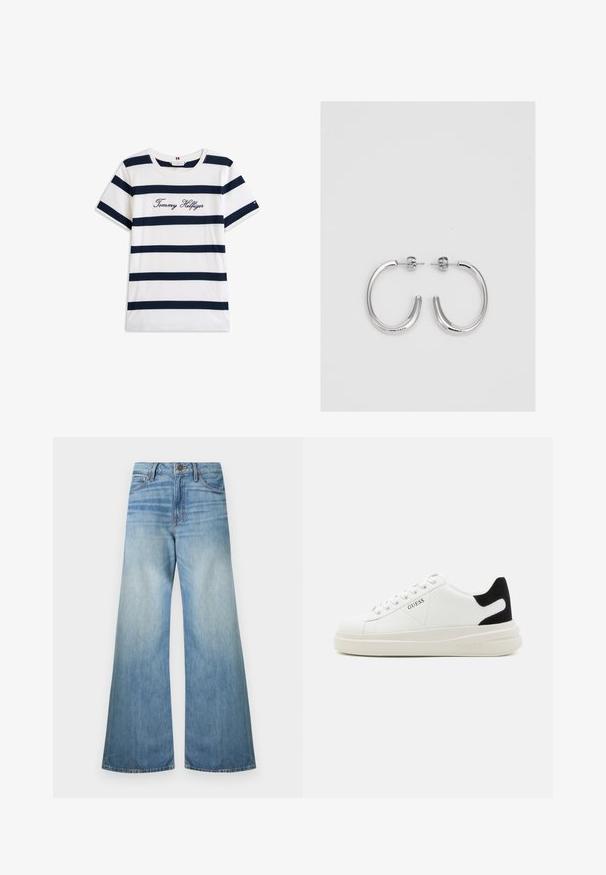 Kokvilnas T-krekls ar horizontālām tumši zilām svītrām uz balta fona. "Tommy Hilfiger" izšūts skriptā uz krūšu daļas. Cauruma apkakle.; Gaiši zili platā kāju džinsi, izgatavoti no denima, ar standarta rāvējslēdzēju, piecām kabatām un izbalējušu apdari ar smalkiem apliem.; Baltas ādas sporta apavi ar biezu balto zoli, melna zamša uzpura un izspiestais logotips sānos. Šņorējuma dizains ar sešiem acu caurumiem.; Sudraba riņķveida auskari ar gludu, spīdīgu apdari. Apaļas formas, viegla dizaina, ar aizdari uz stieples.