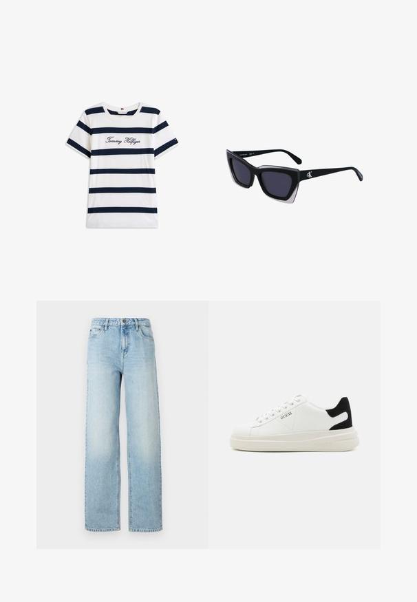 Bombažna majica s horizontalnimi mornarsko modrimi črtami na belem ozadju. "Tommy Hilfiger" izvezeno v kurzivni pisavi na prsih. Okrugli izrez.; Svetlo modri široki jeans z običajnim pet-pocket dizajnom, gumbom za zapiranje in subtilnim zbledeljem za teksturo.; Bele usnjene športne copate z debelim belim podplatom, črnimi semišnimi detajli na peti in utisnjenim logotipom na strani. Zavezovanje s šestimi luknjicami.; Črne prevelike sončne očala geometrijske oblike, z temnimi lečami in kontrastno sivo podrobnostjo na okvirju. Logo na ročaju.
