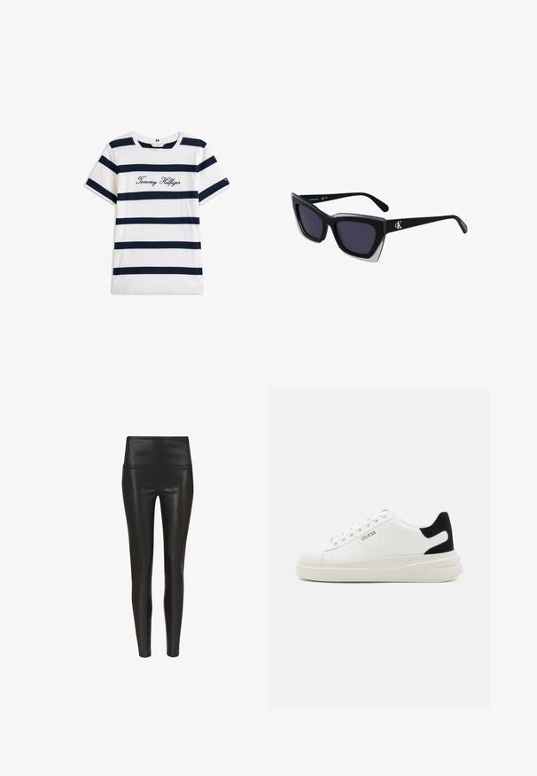 Bavlněné tričko s horizontálními námořnickými pruhy na bílém pozadí. Na hrudi je výšivka "Tommy Hilfiger" v kurzívě. Kulatý výstřih.; Černé legíny z umělé kůže s vysokým pasem a hladkým, lesklým povrchem v obepnutém střihu, zúžené u kotníku. Bez viditelných švů.; Bílé kožené tenisky s tlustou bílou podrážkou, černým semišovým akcentem na patě a vyraženým logem na boku. Šněrovací design se šesti očka.; Černé oversized sluneční brýle geometrického tvaru, s tmavými skly a kontrastním šedým detailem na rámu. Logo na rameni.