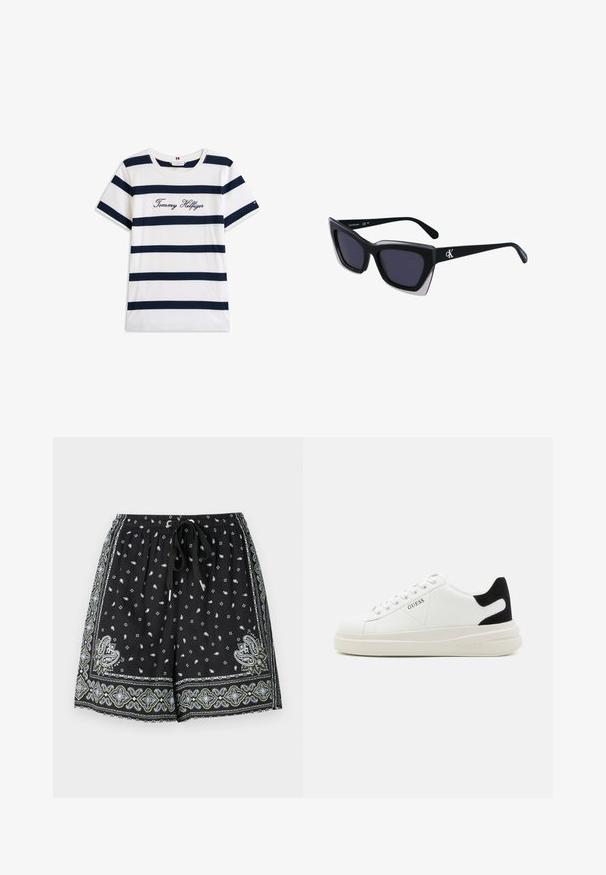 Bavlnené tričko s horizontálnymi námorníckymi pruhmi na bielom pozadí. "Tommy Hilfiger" vyšívané kurzívou na hrudi. Okrúhly výstrih.; Čierne šortky s elastickým pásom a šnúrkou. Obsahujú vzor paisley a dekoračné okraje v bielej a zelenej farbe. Ľahká tkanina.; Biele kožené tenisky s hrubou bielou podrážkou, čiernym zamekom na päte a vyrazeným logom na boku. Šnurovací dizajn so šiestimi očkami.; Čierne oversized slnečné okuliare s geometrickým tvarom, s tmavými šošovkami a kontrastným šedým detailom na ráme. Logo na mostíku.