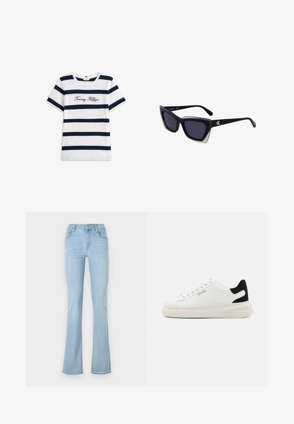 T-shirt in cotone con righe orizzontali blu navy su sfondo bianco. "Tommy Hilfiger" ricamato in corsivo sul petto. Collo a giro.; Jeans a zampa d'elefante di colore azzurro chiaro in materiale denim, caratterizzati da una vita alta, cinque tasche, un bottone frontale e dettagli di cuciture minime.; Sneaker bianchi in pelle con suola spessa bianca, accento in suede nero sul tallone e logo impresso sul lato. Design con lacci e sei fori per i lacci.; Occhiali da sole oversize neri dalla forma geometrica, con lenti scure e un dettaglio grigio a contrasto sulla montatura. Logo sul braccio.