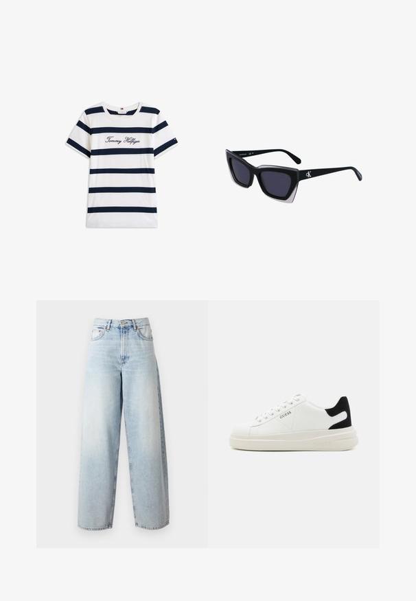 Camiseta de algodón con rayas horizontales azul marino sobre un fondo blanco. "Tommy Hilfiger" bordado en cursiva en el pecho. Escote de tipo crew.; Samsøe Samsøe HARPER - Pernera ancha - frozen snow; Zapatillas blancas de cuero con una suela blanca gruesa, acento en el talón de ante negro y logo grabado en el lateral. Diseño de cordones con seis ojales.; Gafas de sol negras de gran tamaño con una forma geométrica, que presentan lentes oscuros y un detalle gris contrastante en la montura. Logo en la pata.