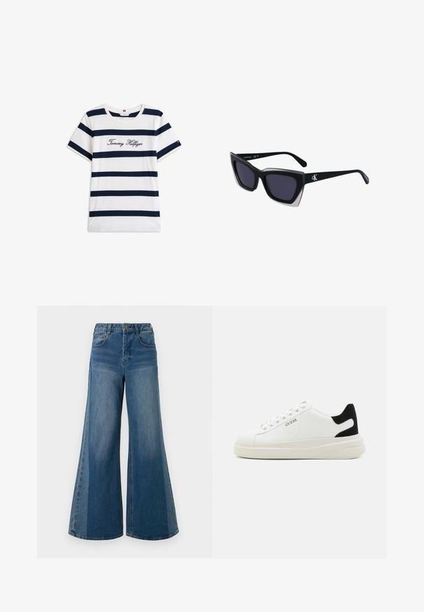 Cotton T-shirt with horizontal navy stripes on a white background. "Tommy Hilfiger" embroidered in cursive on the chest. Crew neckline.; Wide-leg denim jeans in dark blue wash, featuring a high waist, five pockets, and a classic button closure. Smooth texture with minimal fading.; White leather sneakers with a thick white sole, black suede heel accent, and embossed logo on the side. Laced design with six eyelets.; Black oversized sunglasses with a geometric shape, featuring dark lenses and a contrasting grey detail on the frame. Logo on the arm.