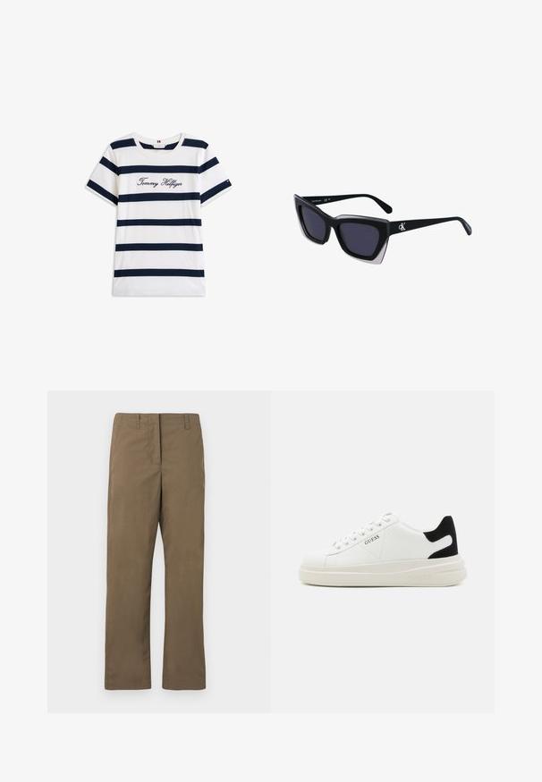 Baltos medvilninės marškinėliai su horizontaliomis tamsiai mėlynomis juostelėmis. Ant krūtinės išsiuvinėtas „Tommy Hilfiger“ rašmuo. Apvalus iškirpimas.; Rudos tiesių kojų kelnes, pagamintas iš medvilnės ir sintetinio audinio mišinio. Su diržo kilpomis, priekinėmis kišenėmis ir lygiu tekstūru, be raštų.; Baltos odinės sportbačiai su storu baltu padu, juodu nubuko kulno akcentu ir iškilmingu logotipu šone. Su raišteliais, turinčiais šešis akinius.; Juodos didelės saulės akinių su geometrine forma, turinčiais tamsius objektyvus ir kontrastingą pilką detalę ant rėmelio. Logotipas ant šalon.