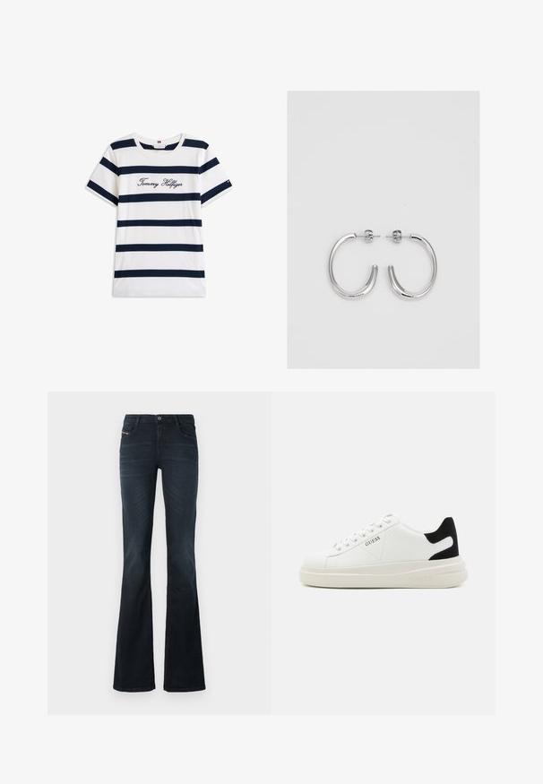 Puuvillainen t-paita, jossa on vaakasuoria tummansinisiä raitoja valkoisella taustalla. "Tommy Hilfiger" brodeerattu kursiivilla rintamuksessa. Pyöreä kaula-aukko.; Väljärjäjät tummasta denimistä, jossa on sileä rakenne, viisi taskua ja nappisulku vyötäröllä. Sisältää hienovaraisia ompelukuvioita.; Valkoiset nahkakengät paksulla valkoisella pohjalla, mustalla mokkanahkaosuudella kannassa ja kohokuvioitu logo sivulla. Nauhakeskitys kuudella reiällä.; Hopehopeet hopehopeet hopehopeet hopehopeet, jolla on sileä, kiiltävä pinta. Pyöreä muoto, kevyt rakenne, jossa on neulakiinnitys.