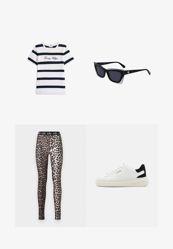 Bavlněné tričko s horizontálními námořnickými pruhy na bílém pozadí. Na hrudi je výšivka "Tommy Hilfiger" v kurzívě. Kulatý výstřih.; Legíny s leopardím potiskem, vybavené černým elastickým pasem s nápisem "crâs", vyrobené z lesklého, hladkého materiálu.; Bílé kožené tenisky s tlustou bílou podrážkou, černým semišovým akcentem na patě a vyraženým logem na boku. Šněrovací design se šesti očka.; Černé oversized sluneční brýle geometrického tvaru, s tmavými skly a kontrastním šedým detailem na rámu. Logo na rameni.