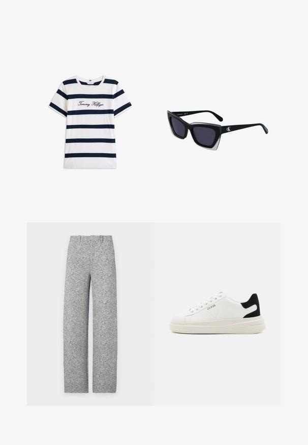 Katoenen T-shirt met horizontale marineblauwe strepen op een witte achtergrond. "Tommy Hilfiger" geborduurd in cursieve letters op de borst. Ronde hals.; Lichtgrijze pantalon van een wolmix met een visgraatpatroon en een rechte pasvorm, voorzien van een tailleband en riemlussen, zonder zichtbare zakken.; Witte leren sneakers met een dikke witte zool, zwarte suède hielaccent en een geperst logo op de zijkant. Vetersluiting met zes oogjes.; Zwarte oversized zonnebril met een geometrische vorm, voorzien van donkere glazen en een contrasterend grijs detail op het montuur. Logo op de arm.