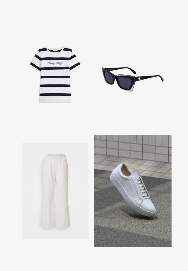 Fehér alapú, vízszintes sötétkék csíkos pamut póló. A mellkason írásos stílusban hímzett "Tommy Hilfiger" felirat. Kerek nyakú.; Fehér, bő szárú nadrág, könnyű anyagból. Rugalmas derékkal és oldalsó zsebből készült, sima tapintású. Laza dizájn.; Fehér bőr sportcipő kerek orral, lapos talppal és hat pár fűzőlyukkal. Simább textúra és minimalista dizájn varrási részletekkel.; Fekete, nagyméretű napszemüveg geometrikus formával, sötét lencsékkel és kontrasztos szürke részlettel a kereten. Logó a szárán.; Ezüst karika fülbevalók sima, fényes felülettel, ívelt formával és postazáras zárral. Minimalista, modern kivitel.