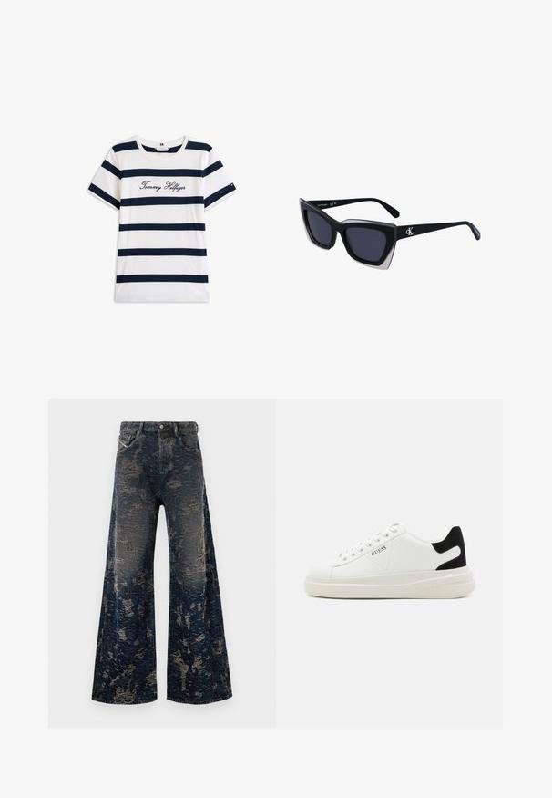Bavlněné tričko s horizontálními námořnickými pruhy na bílém pozadí. Na hrudi je výšivka "Tommy Hilfiger" v kurzívě. Kulatý výstřih.; Tmavě modré široké džíny s opotřebovanou texturou a klasickým designem pěti kapes.; Bílé kožené tenisky s tlustou bílou podrážkou, černým semišovým akcentem na patě a vyraženým logem na boku. Šněrovací design se šesti očka.; Černé oversized sluneční brýle geometrického tvaru, s tmavými skly a kontrastním šedým detailem na rámu. Logo na rameni.
