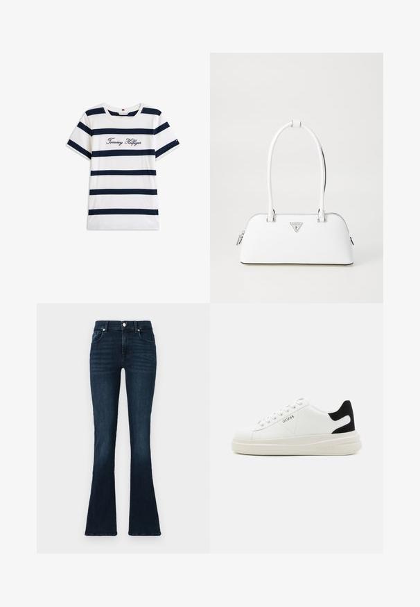 T-shirt i bomuld med vandrette marineblå striber på en hvid baggrund. "Tommy Hilfiger" broderet i kursiv på brystet. Rund hals.; Mørkeblå flagrende jeans lavet af denim, med et klassisk fem-lomme design, metalknaplukning og let slid ved hoften.; Hvide lædersneakers med en tyk hvid sål, sort ruskindhælvægt og prægede logoer på siden. Snørebåndsdesign med seks øjer.; Hvid lædertaske med en buet form, der har et sølvtrapezlogo og lynlåslukning. Glat tekstur og dobbelthåndtag.
