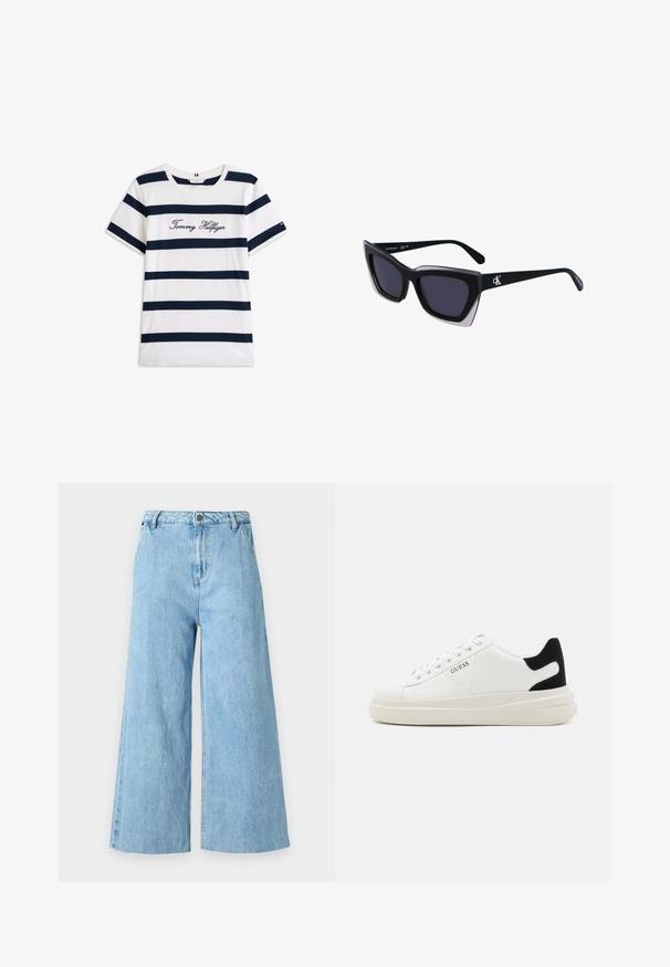 Bavlnené tričko s horizontálnymi námorníckymi pruhmi na bielom pozadí. "Tommy Hilfiger" vyšívané kurzívou na hrudi. Okrúhly výstrih.; Svetlomodré nohavice so širokými nohavicami z denimu, s vysokým pásom, prednými vreckami a čistými okrajmi bez ozdôb.; Biele kožené tenisky s hrubou bielou podrážkou, čiernym zamekom na päte a vyrazeným logom na boku. Šnurovací dizajn so šiestimi očkami.; Čierne oversized slnečné okuliare s geometrickým tvarom, s tmavými šošovkami a kontrastným šedým detailom na ráme. Logo na mostíku.