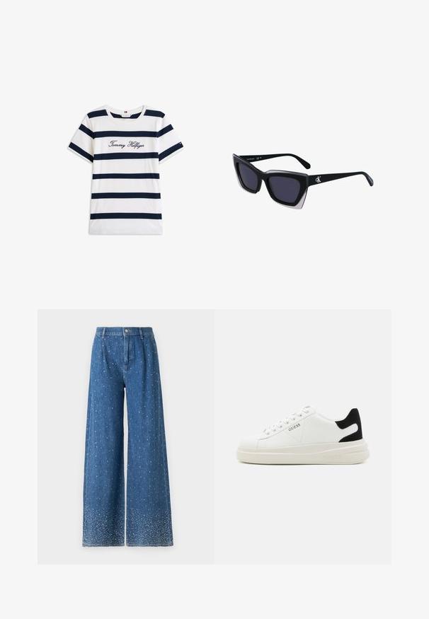 Koftet laget av bomull har horisontale marineblå striper på hvit bakgrunn. "Tommy Hilfiger" brodert i kursiv på brystet. Rund hals.; Bredde ben blå denim jeans med en falmet vask, prydet med spredte flerfargede utsmykninger på den nedre halvdelen og en standard livvidde.; Hvite lær sneakers med tykk hvit såle, svart semsket hælforsterkning og preget logo på siden. Snøresystem med seks hull.; Store svarte solbriller i overdimensjonert størrelse med geometrisk form, med mørke linser og en kontrasterende grå detalj på rammen. Logo på armen.
