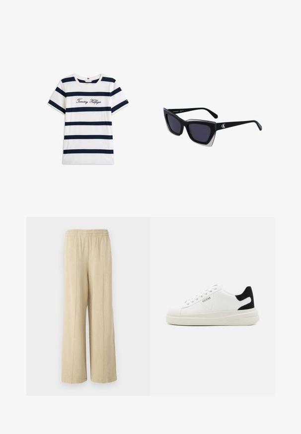 Kokvilnas T-krekls ar horizontālām tumši zilām svītrām uz balta fona. "Tommy Hilfiger" izšūts skriptā uz krūšu daļas. Cauruma apkakle.; Bēša platā izgriezuma bikses ar elastīgu jostasvietu un redzamām sānu šuvēm. Izgatavotas no mīksta auduma ar gludu tekstūru.; Baltas ādas sporta apavi ar biezu balto zoli, melna zamša uzpura un izspiestais logotips sānos. Šņorējuma dizains ar sešiem acu caurumiem.; Melni pārmēru saulesbrilles ar ģeometrisku formu, kas aprīkotas ar tumšiem stikliem un kontrastējošu pelēku akcentu uz rāmja. Logo uz kājas.