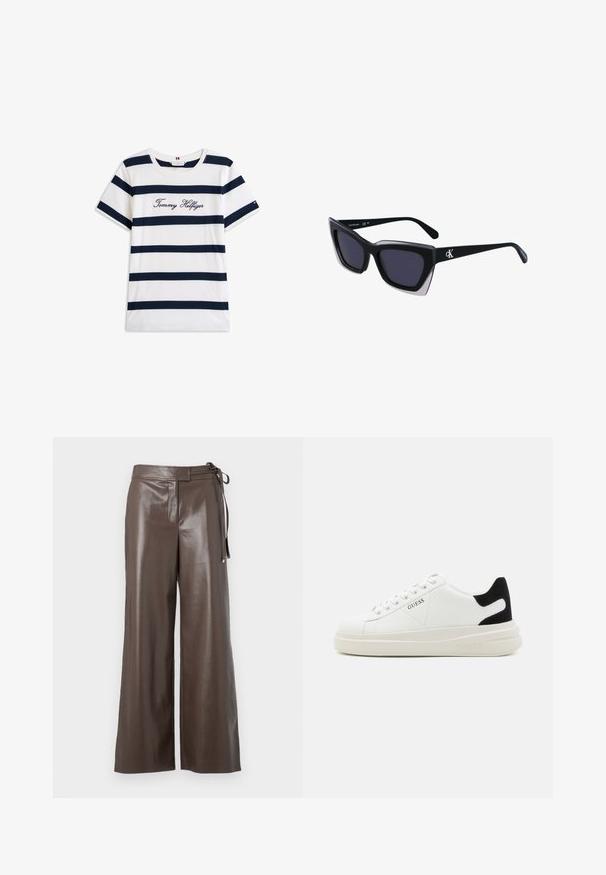 Kokvilnas T-krekls ar horizontālām tumši zilām svītrām uz balta fona. "Tommy Hilfiger" izšūts skriptā uz krūšu daļas. Cauruma apkakle.; Brūnas mākslīgās ādas platās kājas bikses ar augstu jostasvietu un sānu saiašu detaļu uz baltā fona.; Baltas ādas sporta apavi ar biezu balto zoli, melna zamša uzpura un izspiestais logotips sānos. Šņorējuma dizains ar sešiem acu caurumiem.; Melni pārmēru saulesbrilles ar ģeometrisku formu, kas aprīkotas ar tumšiem stikliem un kontrastējošu pelēku akcentu uz rāmja. Logo uz kājas.