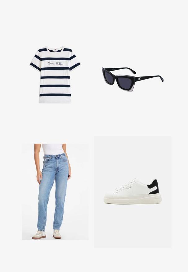 Bavlněné tričko s horizontálními námořnickými pruhy na bílém pozadí. Na hrudi je výšivka "Tommy Hilfiger" v kurzívě. Kulatý výstřih.; Svetle modré džíny s vysokým pasem vyrobené z denimu, s rovnými nohavicemi, klasickým pětikusovým stylem a knoflíkovým zapínáním.; Bílé kožené tenisky s tlustou bílou podrážkou, černým semišovým akcentem na patě a vyraženým logem na boku. Šněrovací design se šesti očka.; Černé oversized sluneční brýle geometrického tvaru, s tmavými skly a kontrastním šedým detailem na rámu. Logo na rameni.