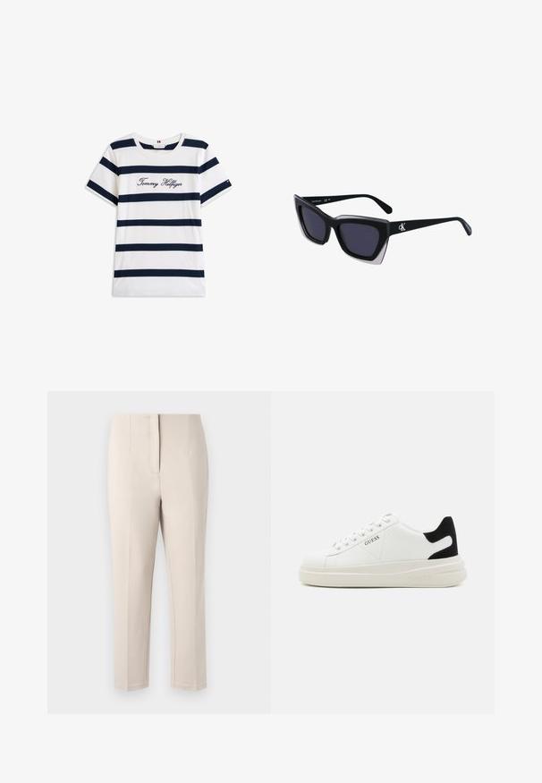 T-shirt en coton avec des rayures horizontales bleu marine sur un fond blanc. "Tommy Hilfiger" brodé en écriture cursive sur la poitrine. Encolure ras du cou.; Pantalons beiges à coupe ajustée, jambes droites et couture frontale nette. Fabriqués en tissu lisse avec un léger éclat, sans matériel visible.; Baskets en cuir blanc avec une épaisse semelle blanche, un accent en daim noir au niveau du talon et un logo embossé sur le côté. Design à lacets avec six œillets.; Lunettes de soleil noires surdimensionnées avec une forme géométrique, dotées de verres foncés et d'un détail gris contrastant sur la monture. Logo sur la branche.