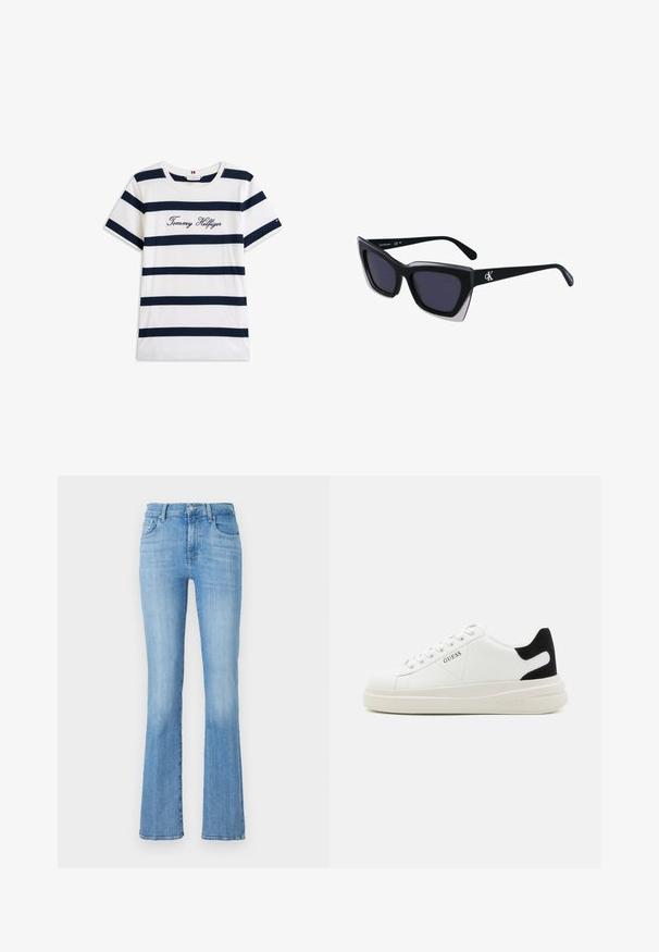 Koftet laget av bomull har horisontale marineblå striper på hvit bakgrunn. "Tommy Hilfiger" brodert i kursiv på brystet. Rund hals.; Lyse blå, utsvungne denimjeans med høy midje, som har fem lommer, frontknappelukking og en falmet, lett slitt tekstur.; Hvite lær sneakers med tykk hvit såle, svart semsket hælforsterkning og preget logo på siden. Snøresystem med seks hull.; Store svarte solbriller i overdimensjonert størrelse med geometrisk form, med mørke linser og en kontrasterende grå detalj på rammen. Logo på armen.