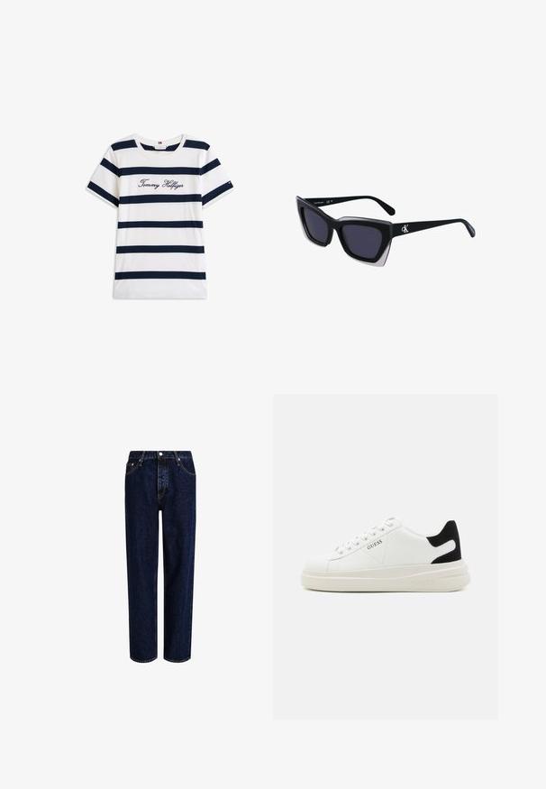 Cotton T-shirt with horizontal navy stripes on a white background. "Tommy Hilfiger" embroidered in cursive on the chest. Crew neckline.; Dark blue denim jeans with a straight-leg design, featuring a high waist, five-pocket styling, and contrasting stitching. No embellishments.; White leather sneakers with a thick white sole, black suede heel accent, and embossed logo on the side. Laced design with six eyelets.; Black oversized sunglasses with a geometric shape, featuring dark lenses and a contrasting grey detail on the frame. Logo on the arm.