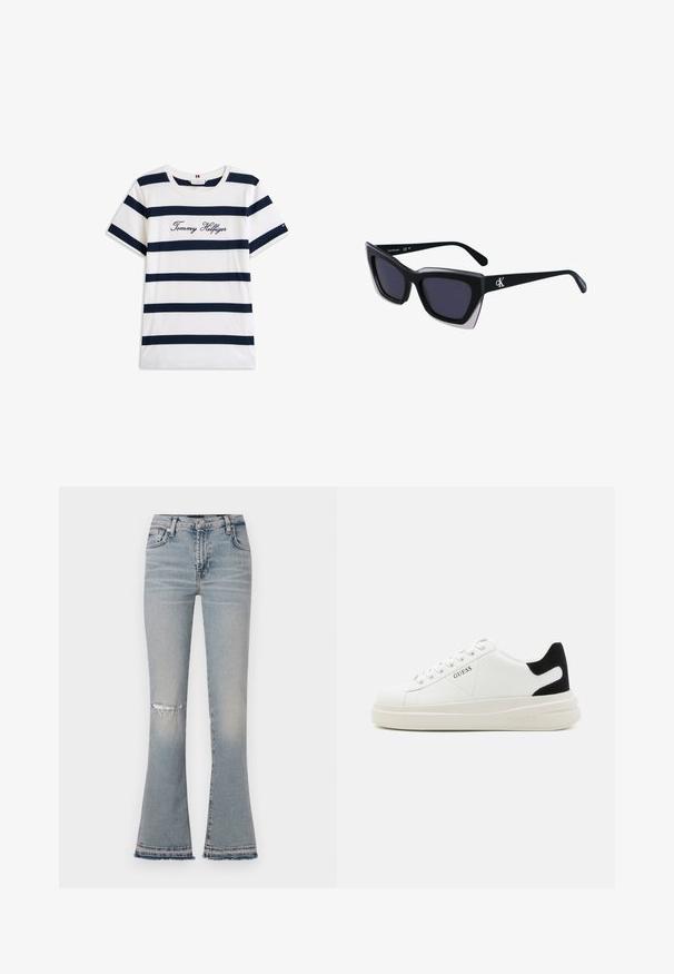 Bawełniana koszulka z poziomymi granatowymi paskami na białym tle. "Tommy Hilfiger" wyszyte kursywą na klatce piersiowej. Okrągły dekolt.; Jasnoniebieskie dżinsy w stylu dzwonów z podartym kolanem, pięcioma kieszeniami i postrzępionym dołem. Wykonane z denimu, z umiarkowaną wysokością pasa.; Białe skórzane sneakersy z grubą białą podeszwą, czarnym zamszowym akcentem na pięcie oraz wytłoczonym logotypem z boku. Projekt z sznurówkami i sześcioma dziurkami.; Czarne, oversize okulary przeciwsłoneczne o geometrycznym kształcie, z ciemnymi soczewkami i kontrastującym szarym detalem na oprawie. Logo na ramieniu.