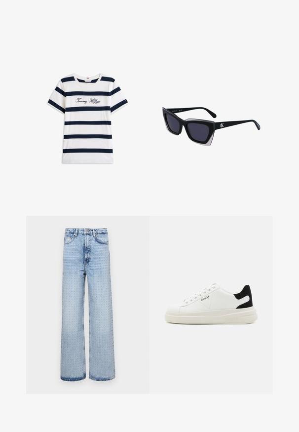 Baumwoll-T-Shirt mit horizontalen navy-blauen Streifen auf weißem Hintergrund. "Tommy Hilfiger" in Kursivschrift auf der Brust gestickt. Runder Halsausschnitt.; Hellblaue Jeans aus Denim mit weitem Bein, die über durchbrochene Details und einen klassischen Fünf-Taschen-Stil verfügen.; Weiße Leder-Sneaker mit einer dicken weißen Sohle, schwarzem Wildlederakzent an der Ferse und geprägtem Logo an der Seite. Schnürdesign mit sechs Ösen.; Schwarze übergroße Sonnenbrille mit geometrischer Form, ausgestattet mit dunklen Gläsern und einem kontrastierenden grauen Detail im Rahmen. Logo am Bügel.; Silberne Creolen mit einer glatten, glänzenden Oberfläche. Abgerundete Form, leichtes Design, mit einer Steckverschluss.