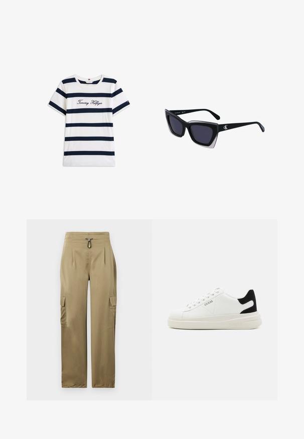 Kokvilnas T-krekls ar horizontālām tumši zilām svītrām uz balta fona. "Tommy Hilfiger" izšūts skriptā uz krūšu daļas. Cauruma apkakle.; Khaki kravas bikses ar šauru piegriezumu, ar auklu viduklī, divām sānu kabatām un teksturētu audumu izturībai.; Baltas ādas sporta apavi ar biezu balto zoli, melna zamša uzpura un izspiestais logotips sānos. Šņorējuma dizains ar sešiem acu caurumiem.; Melni pārmēru saulesbrilles ar ģeometrisku formu, kas aprīkotas ar tumšiem stikliem un kontrastējošu pelēku akcentu uz rāmja. Logo uz kājas.