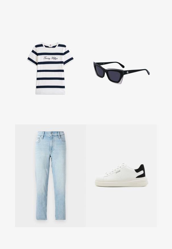 Koftet laget av bomull har horisontale marineblå striper på hvit bakgrunn. "Tommy Hilfiger" brodert i kursiv på brystet. Rund hals.; Lyseblå denimjeans, rett ben-design, midjehøyde, med fem lommer og en knappelukking foran.; Hvite lær sneakers med tykk hvit såle, svart semsket hælforsterkning og preget logo på siden. Snøresystem med seks hull.; Store svarte solbriller i overdimensjonert størrelse med geometrisk form, med mørke linser og en kontrasterende grå detalj på rammen. Logo på armen.