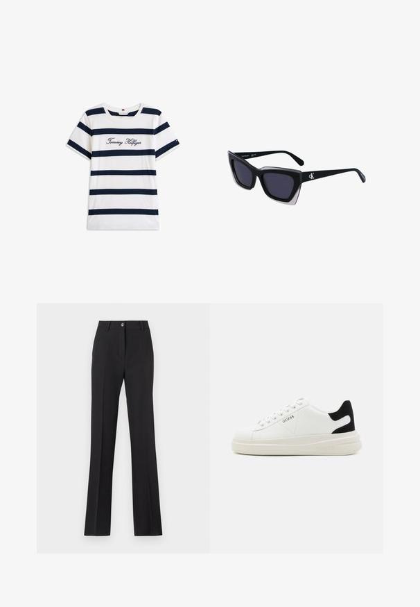 Cotton T-shirt with horizontal navy stripes on a white background. "Tommy Hilfiger" embroidered in cursive on the chest. Crew neckline.; Black, tailored trousers with a straight leg design. Features a button closure, belt loops, and a smooth, matte texture.; White leather sneakers with a thick white sole, black suede heel accent, and embossed logo on the side. Laced design with six eyelets.; Black oversized sunglasses with a geometric shape, featuring dark lenses and a contrasting grey detail on the frame. Logo on the arm.