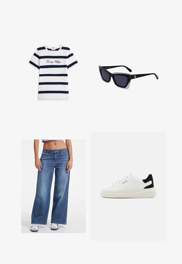 T-shirt i bomull med horisontella marinblå ränder på vit bakgrund. "Tommy Hilfiger" broderat i kursiv på bröstet. Rund halsringning.; Breda blå denimjeans med hög midja och subtila blekningar, med klassisk femficksdesign och knappstängning.; Vita lädersneakers med en tjock vit sula, svartsuede hälaccent och präglad logotyp på sidan. Snörningsdesign med sex öglor.; Svart överdimensionerade solglasögon med geometrisk form, med mörka linser och en kontrasterande grå detalj på ramen. Logotyp på bygeln.