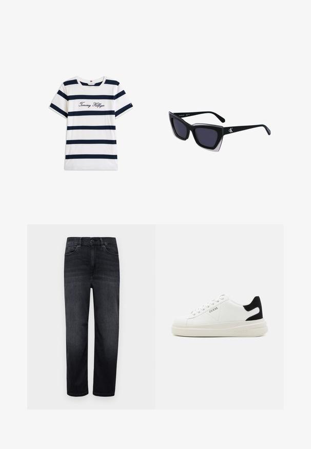 Bavlněné tričko s horizontálními námořnickými pruhy na bílém pozadí. Na hrudi je výšivka "Tommy Hilfiger" v kurzívě. Kulatý výstřih.; Tmavé džíny z denimu s normálním střihem, rovnými nohavicemi, předními kapsami, malou kapsičkou na mince a knoflíkovým zapínáním. Hladká textura a minimální vyblednutí.; Bílé kožené tenisky s tlustou bílou podrážkou, černým semišovým akcentem na patě a vyraženým logem na boku. Šněrovací design se šesti očka.; Černé oversized sluneční brýle geometrického tvaru, s tmavými skly a kontrastním šedým detailem na rámu. Logo na rameni.