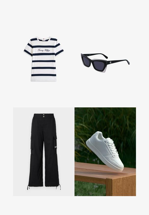 Koftet laget av bomull har horisontale marineblå striper på hvit bakgrunn. "Tommy Hilfiger" brodert i kursiv på brystet. Rund hals.; Svarte cargo-bukser med avslappet passform, med flere sidelommer, elastisk midje og justerbare snorer nederst.; Hvite sneakers med en glatt syntetisk overdel, perforert tåboks, flate snørebånd og en teksturert såle, vist på en treflate.; Store svarte solbriller i overdimensjonert størrelse med geometrisk form, med mørke linser og en kontrasterende grå detalj på rammen. Logo på armen.