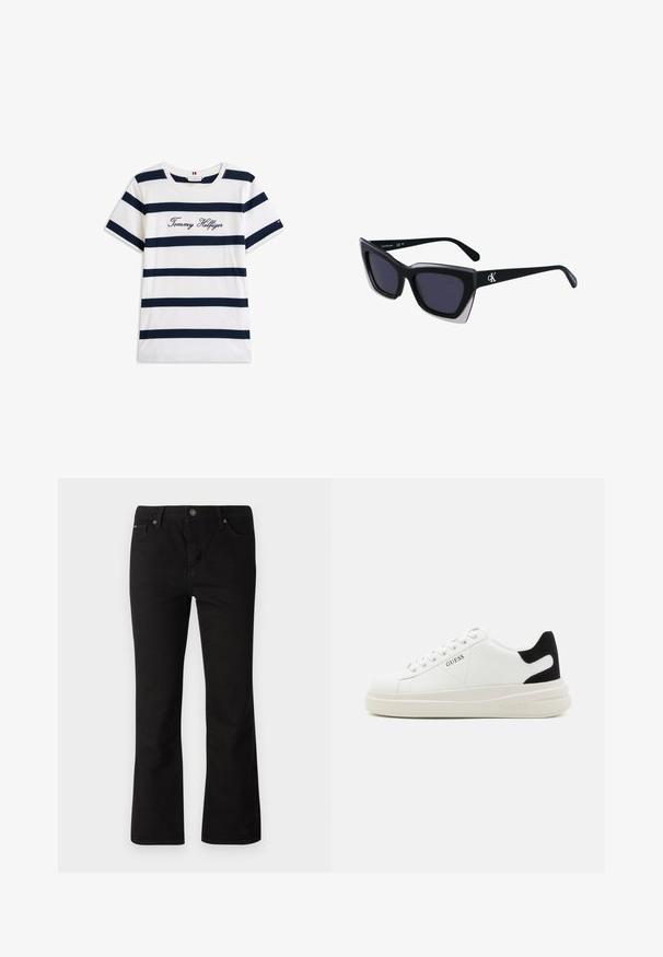 Puuvillainen t-paita, jossa on vaakasuoria tummansinisiä raitoja valkoisella taustalla. "Tommy Hilfiger" brodeerattu kursiivilla rintamuksessa. Pyöreä kaula-aukko.; Mustat suorat farkut, joissa on nappi- ja vetoketjukiinnitys, vyölenkit sekä etu- ja takataskut valkoista taustaa vasten.; Valkoiset nahkakengät paksulla valkoisella pohjalla, mustalla mokkanahkaosuudella kannassa ja kohokuvioitu logo sivulla. Nauhakeskitys kuudella reiällä.; Mustat ylisuuret aurinkolasit, joissa on geometrinen muoto, tummat linssit ja kehykseen erottuva harmaa yksityiskohta. Logo varressa.