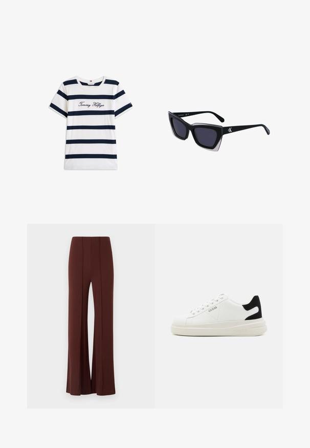 T-shirt in cotone con righe orizzontali blu navy su sfondo bianco. "Tommy Hilfiger" ricamato in corsivo sul petto. Collo a giro.; Pantaloni larghi marroni con vita alta, realizzati in un tessuto liscio che presenta cuciture verticali sul davanti e un orlo finito in modo pulito.; Sneaker bianchi in pelle con suola spessa bianca, accento in suede nero sul tallone e logo impresso sul lato. Design con lacci e sei fori per i lacci.; Occhiali da sole oversize neri dalla forma geometrica, con lenti scure e un dettaglio grigio a contrasto sulla montatura. Logo sul braccio.