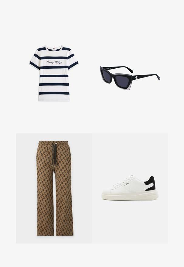 Baumwoll-T-Shirt mit horizontalen navy-blauen Streifen auf weißem Hintergrund. "Tommy Hilfiger" in Kursivschrift auf der Brust gestickt. Runder Halsausschnitt.; JOOP! TABBY - Jogginghose - medium brown; Weiße Leder-Sneaker mit einer dicken weißen Sohle, schwarzem Wildlederakzent an der Ferse und geprägtem Logo an der Seite. Schnürdesign mit sechs Ösen.; Schwarze übergroße Sonnenbrille mit geometrischer Form, ausgestattet mit dunklen Gläsern und einem kontrastierenden grauen Detail im Rahmen. Logo am Bügel.