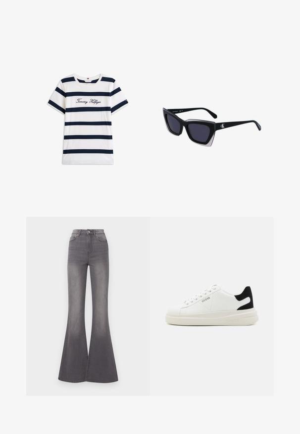 Baltos medvilninės marškinėliai su horizontaliomis tamsiai mėlynomis juostelėmis. Ant krūtinės išsiuvinėtas „Tommy Hilfiger“ rašmuo. Apvalus iškirpimas.; Pilkos plačios džinsinės kelnės su aukštu liemeniu, pagamintos iš džinsinio audinio, su mygtuku ir užtrauktuku, dviem priekinėm kišenėm ir lygiu paviršiumi.; Baltos odinės sportbačiai su storu baltu padu, juodu nubuko kulno akcentu ir iškilmingu logotipu šone. Su raišteliais, turinčiais šešis akinius.; Juodos didelės saulės akinių su geometrine forma, turinčiais tamsius objektyvus ir kontrastingą pilką detalę ant rėmelio. Logotipas ant šalon.; Sidabrinės auskarai žiedai su lygiu, blizgiu paviršiumi. Suapvalinta forma, lengvas dizainas, su uždarymu ant smeigtuko.