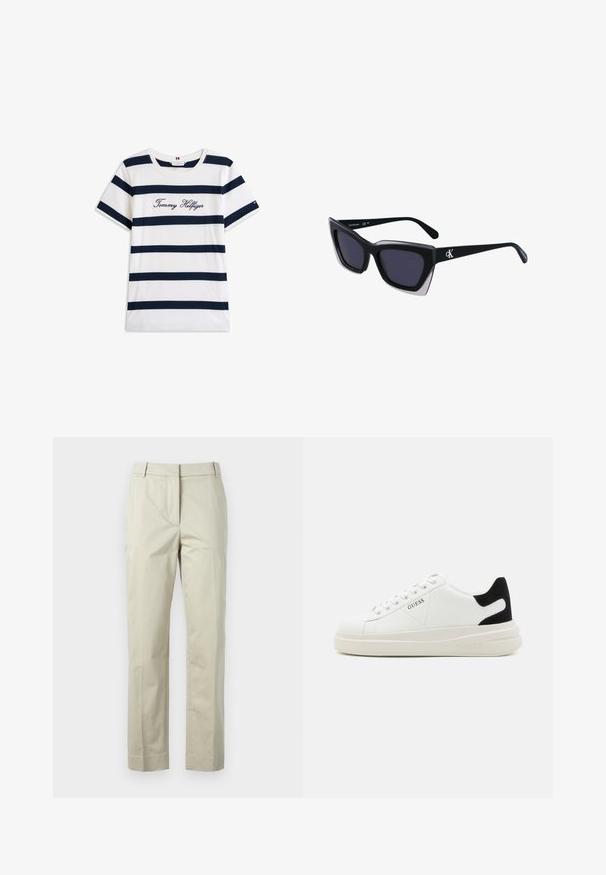 Katoenen T-shirt met horizontale marineblauwe strepen op een witte achtergrond. "Tommy Hilfiger" geborduurd in cursieve letters op de borst. Ronde hals.; Beige katoenen broek met rechte pijpen, centrale vouw en riemlussen. Beschikt over twee zijzakken en een nette, op maat gemaakte afwerking.; Witte leren sneakers met een dikke witte zool, zwarte suède hielaccent en een geperst logo op de zijkant. Vetersluiting met zes oogjes.; Zwarte oversized zonnebril met een geometrische vorm, voorzien van donkere glazen en een contrasterend grijs detail op het montuur. Logo op de arm.