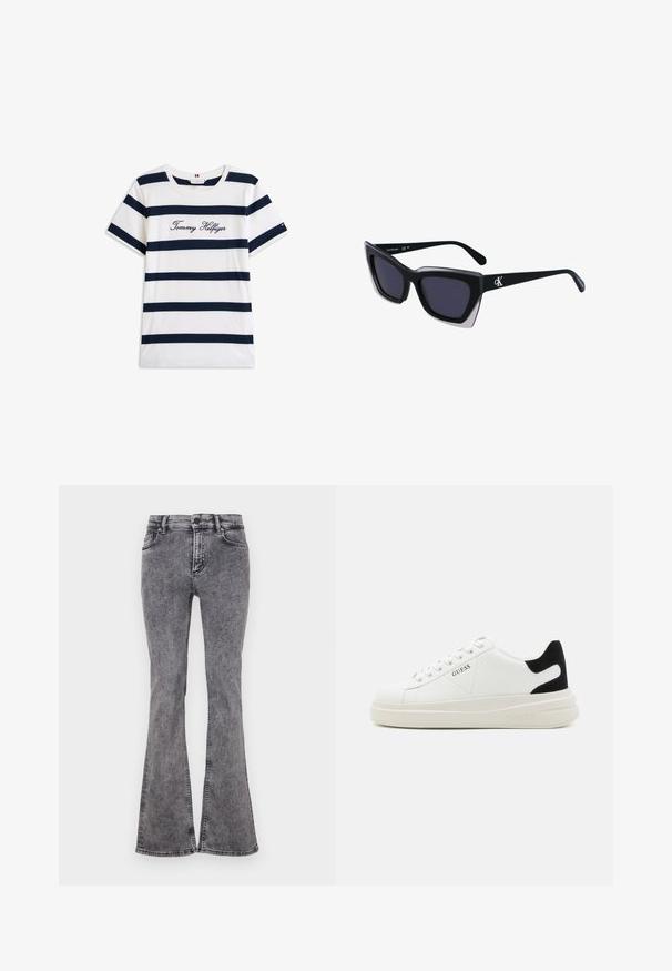 T-shirt en coton avec des rayures horizontales bleu marine sur un fond blanc. "Tommy Hilfiger" brodé en écriture cursive sur la poitrine. Encolure ras du cou.; Jean noir évasé en denim avec un délavage, comportant cinq poches, une fermeture éclair et des coutures contrastées le long des coutures.; Baskets en cuir blanc avec une épaisse semelle blanche, un accent en daim noir au niveau du talon et un logo embossé sur le côté. Design à lacets avec six œillets.; Lunettes de soleil noires surdimensionnées avec une forme géométrique, dotées de verres foncés et d'un détail gris contrastant sur la monture. Logo sur la branche.