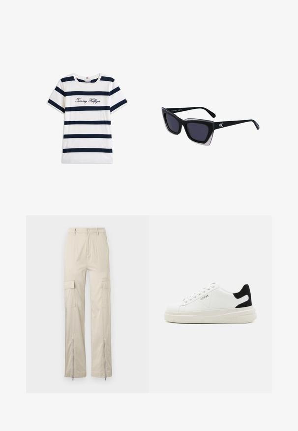 Cotton T-shirt with horizontal navy stripes on a white background. "Tommy Hilfiger" embroidered in cursive on the chest. Crew neckline.; Beige cargo pants with a relaxed fit, featuring side pockets, zippered cuffs, and a smooth texture. Fabric is lightweight and durable.; White leather sneakers with a thick white sole, black suede heel accent, and embossed logo on the side. Laced design with six eyelets.; Black oversized sunglasses with a geometric shape, featuring dark lenses and a contrasting grey detail on the frame. Logo on the arm.