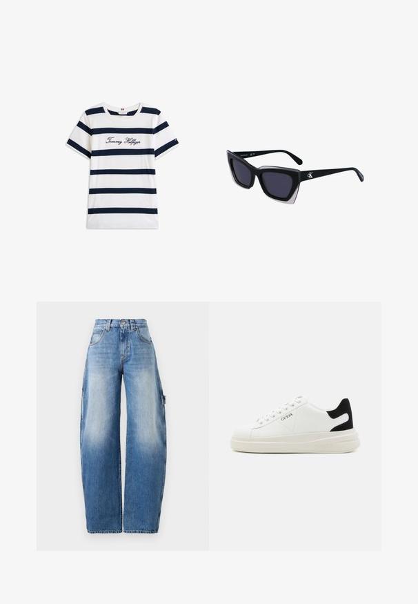 Fehér alapú, vízszintes sötétkék csíkos pamut póló. A mellkason írásos stílusban hímzett "Tommy Hilfiger" felirat. Kerek nyakú.; Világoskék, bő szárú farmernadrág. Magas derekú, enyhén kopott, nagy oldalsó zsebekkel és kontrasztos varrási részletekkel rendelkezik.; Fehér bőr sportcipők vastag fehér talppal, fekete velúr sarokpikkelyel és dombornyomott logóval az oldalon. Fűzős kialakítás, hat fűzőlyukkal.; Fekete, nagyméretű napszemüveg geometrikus formával, sötét lencsékkel és kontrasztos szürke részlettel a kereten. Logó a szárán.