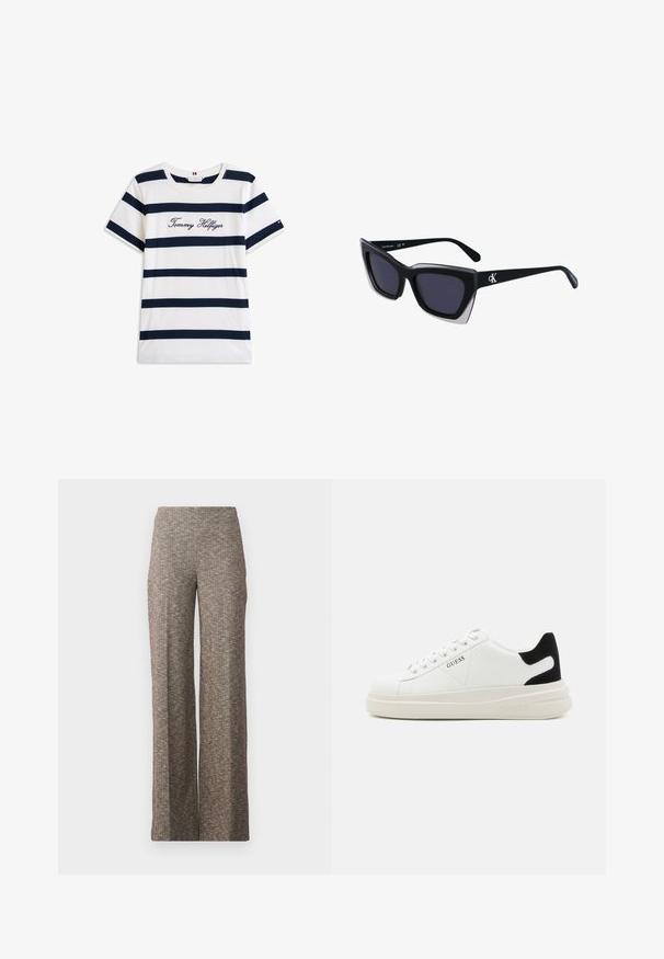 Bawełniana koszulka z poziomymi granatowymi paskami na białym tle. "Tommy Hilfiger" wyszyte kursywą na klatce piersiowej. Okrągły dekolt.; Spodnie o szerokich nogawkach w strukturalnym brązowym materiale z delikatnym wzorem w jodełkę. Elastyczny pas zapewniający komfort, prosty krój nogawek.; Białe skórzane sneakersy z grubą białą podeszwą, czarnym zamszowym akcentem na pięcie oraz wytłoczonym logotypem z boku. Projekt z sznurówkami i sześcioma dziurkami.; Czarne, oversize okulary przeciwsłoneczne o geometrycznym kształcie, z ciemnymi soczewkami i kontrastującym szarym detalem na oprawie. Logo na ramieniu.