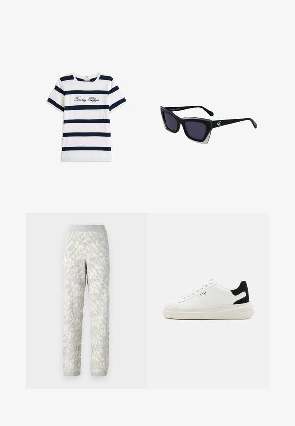 Katoenen T-shirt met horizontale marineblauwe strepen op een witte achtergrond. "Tommy Hilfiger" geborduurd in cursieve letters op de borst. Ronde hals.; Geweven loungebroek in ivoor met grijze patronen, voorzien van een zachte stof, elastische tailleband en geribde manchetten.; Witte leren sneakers met een dikke witte zool, zwarte suède hielaccent en een geperst logo op de zijkant. Vetersluiting met zes oogjes.; Zwarte oversized zonnebril met een geometrische vorm, voorzien van donkere glazen en een contrasterend grijs detail op het montuur. Logo op de arm.