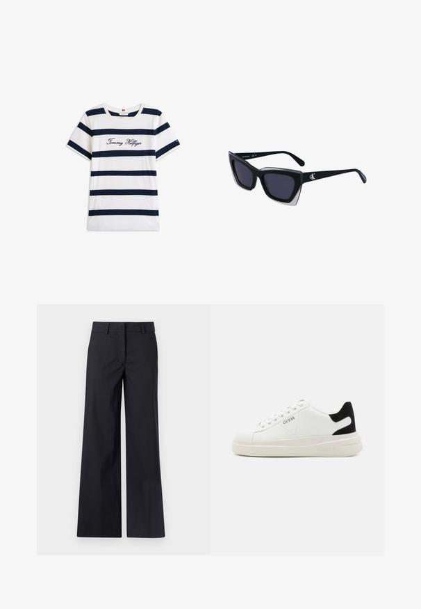 Bawełniana koszulka z poziomymi granatowymi paskami na białym tle. "Tommy Hilfiger" wyszyte kursywą na klatce piersiowej. Okrągły dekolt.; Czarne spodnie o szerokich nogawkach wykonane z tkaniny z domieszką bawełny. Posiadają gładki przód, szlufki na pasek oraz boczne kieszenie. Gładka tekstura, dopasowany krój.; Białe skórzane sneakersy z grubą białą podeszwą, czarnym zamszowym akcentem na pięcie oraz wytłoczonym logotypem z boku. Projekt z sznurówkami i sześcioma dziurkami.; Czarne, oversize okulary przeciwsłoneczne o geometrycznym kształcie, z ciemnymi soczewkami i kontrastującym szarym detalem na oprawie. Logo na ramieniu.