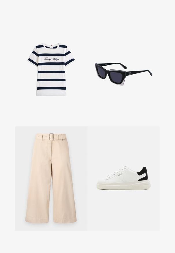 Katoenen T-shirt met horizontale marineblauwe strepen op een witte achtergrond. "Tommy Hilfiger" geborduurd in cursieve letters op de borst. Ronde hals.; Beige wijde broek met een riem in de taille, gemaakt van gladde stof. Heeft een rits aan de voorkant en gestikte zomen. Geen zichtbare patronen of accenten.; Witte leren sneakers met een dikke witte zool, zwarte suède hielaccent en een geperst logo op de zijkant. Vetersluiting met zes oogjes.; Zwarte oversized zonnebril met een geometrische vorm, voorzien van donkere glazen en een contrasterend grijs detail op het montuur. Logo op de arm.