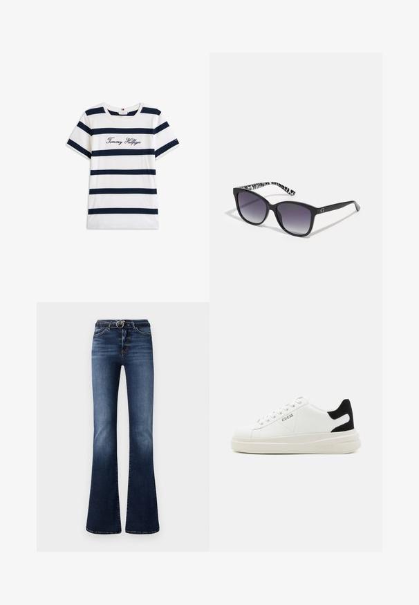 Kokvilnas T-krekls ar horizontālām tumši zilām svītrām uz balta fona. "Tommy Hilfiger" izšūts skriptā uz krūšu daļas. Cauruma apkakle.; Tumši zili flared džinsi ar izbalinātu tekstūru, ar augstu jostasvietu, sudraba aksesuāriem jostas cilpā un priekšējām kabatām.; Baltas ādas sporta apavi ar biezu balto zoli, melna zamša uzpura un izspiestais logotips sānos. Šņorējuma dizains ar sešiem acu caurumiem.; Melni saulesbrilles ar gradienta lēcām, kvadrātveida forma un teksturēta melnbalta raksta kājiņas. Iekļauts sudraba logotipa akcenti.