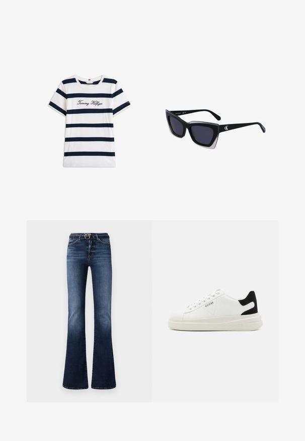 Bavlnené tričko s horizontálnymi námorníckymi pruhmi na bielom pozadí. "Tommy Hilfiger" vyšívané kurzívou na hrudi. Okrúhly výstrih.; Tmavomodré rozšírené džínsy s vyblednutou textúrou, s vysokým pásom, striebornými kovovými detailmi na pútkach na opasok a prednými vreckami.; Biele kožené tenisky s hrubou bielou podrážkou, čiernym zamekom na päte a vyrazeným logom na boku. Šnurovací dizajn so šiestimi očkami.; Čierne oversized slnečné okuliare s geometrickým tvarom, s tmavými šošovkami a kontrastným šedým detailom na ráme. Logo na mostíku.